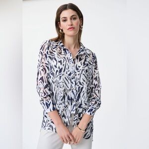 Joseph Ribkoff Button Up Collared Navy/White Blouse Style 231025 Size 2